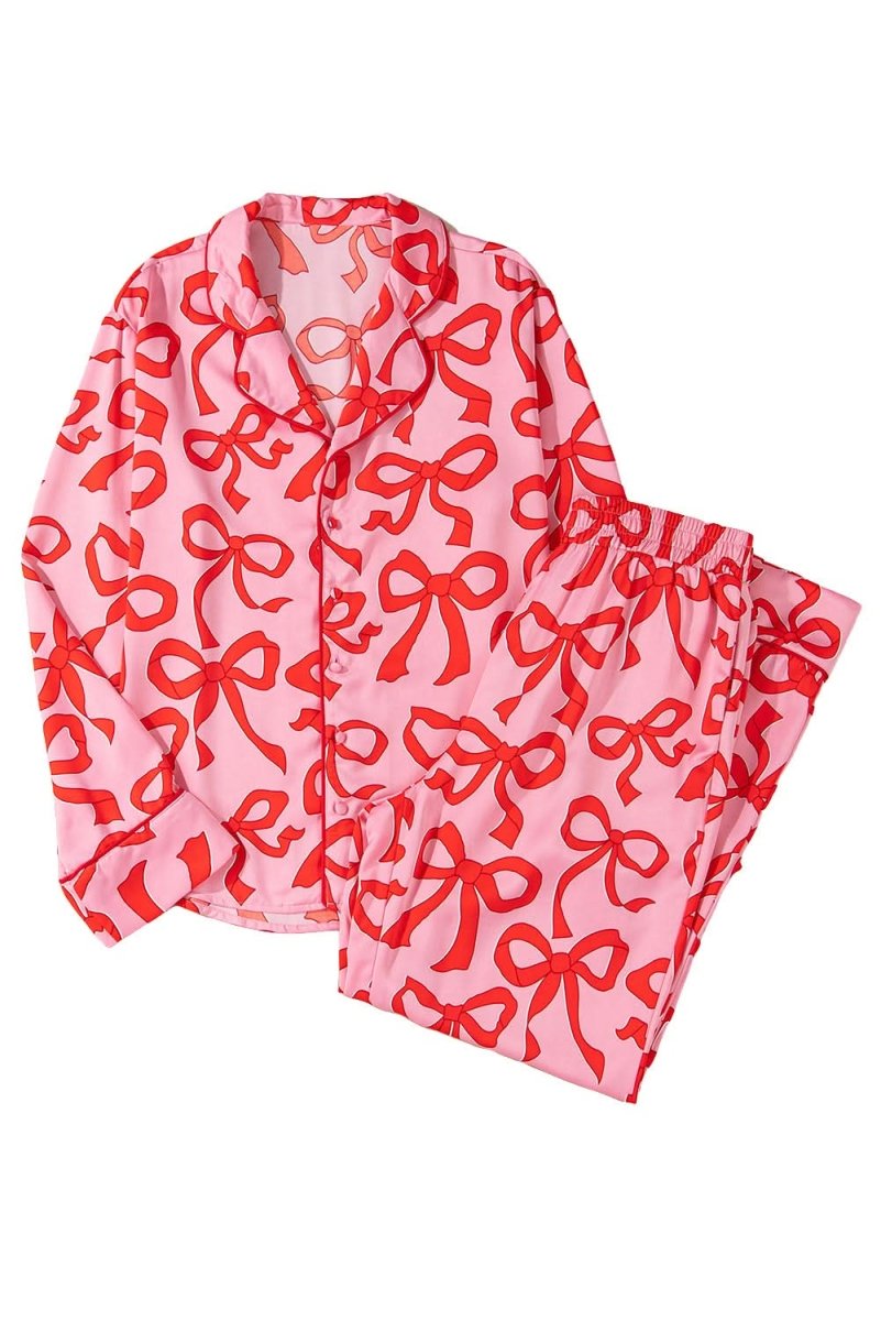 Pink 2pcs Bow Print Shirt Style Long Sleeve Pajama Set - Love Salve